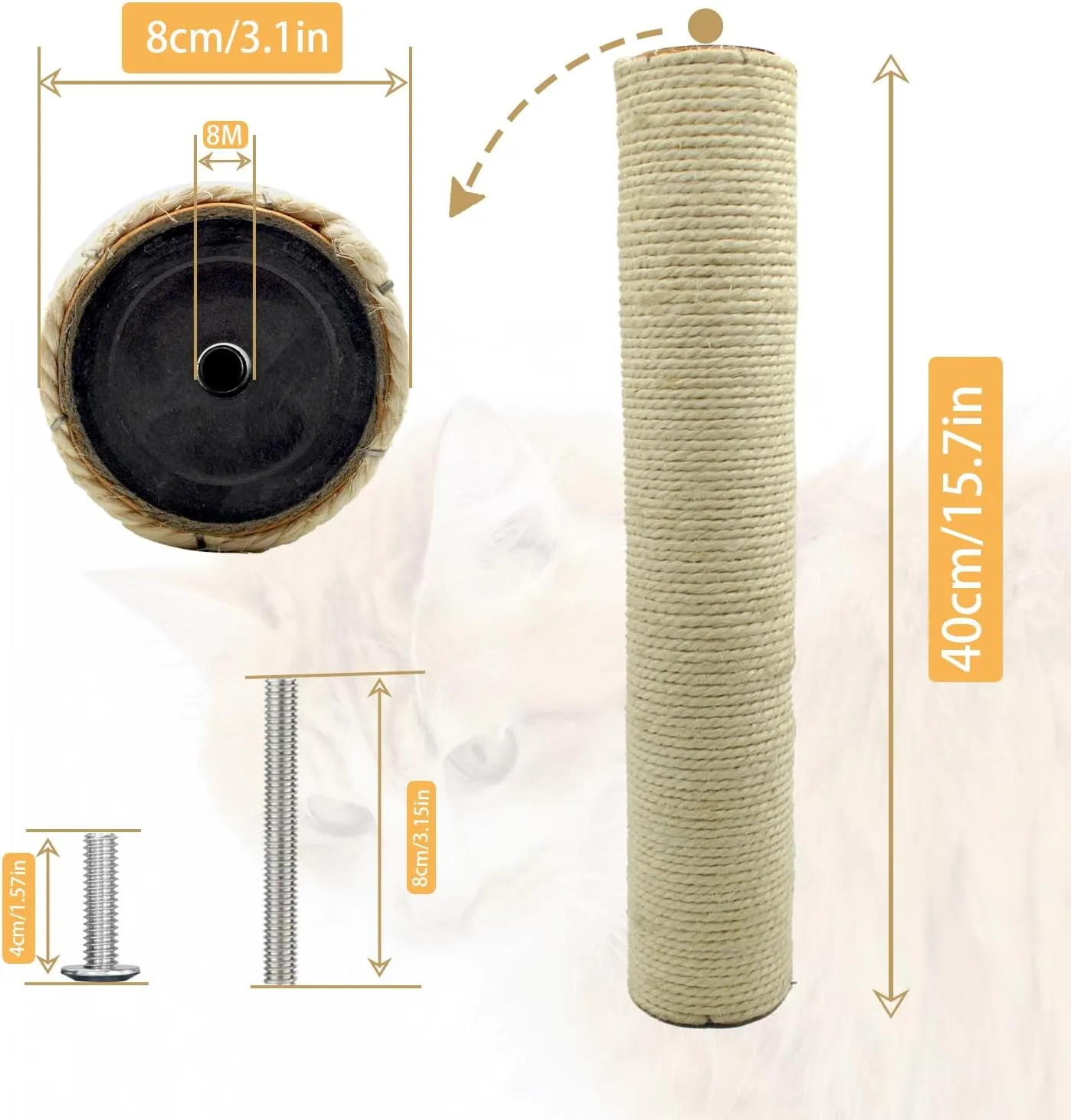 4 Pcs Cat Scratching Post Replacement,15.7"x3.1''Natural Sisal Cat Tree Post Replace Parts for Indoor Cats Tower Repair Scratch Refill Poles with M8 Screws for Kitten Spare Furniture Accessories