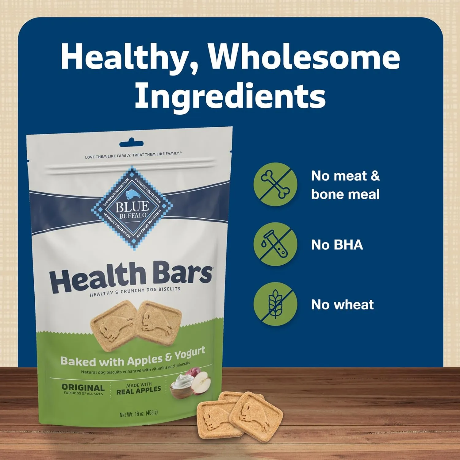 Blue Buffalo Health Bars Crunchy Dog Biscuits, Oven-Baked With Natural Ingredients, Apples & Yogurt, 16-oz Bag