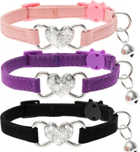 Cat Collar Breakaway - Rhinestones Cute Cat Collar with Bells Adjustable Comfort fit for Cat Puppy Kitten - Pink Purple Black Velvet Heart Shaped Bling Cat Collars Set