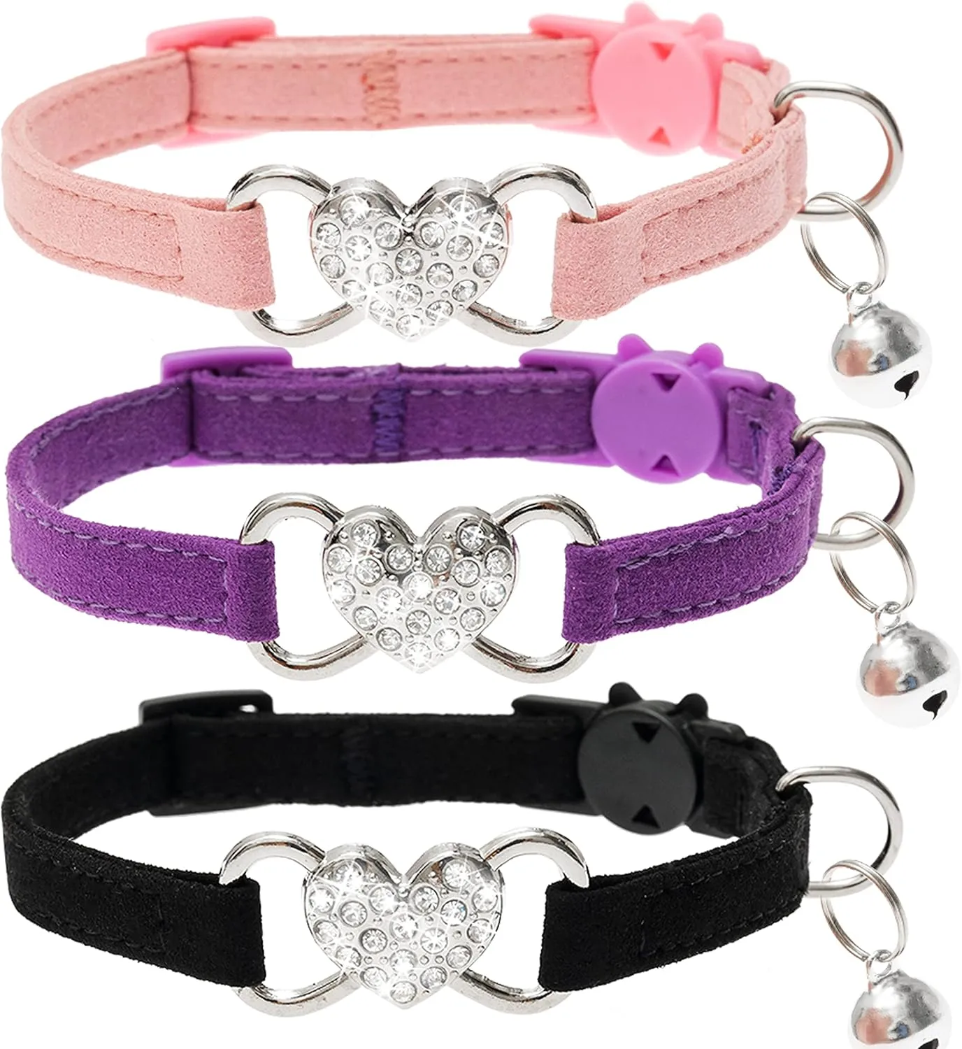 Cat Collar Breakaway - Rhinestones Cute Cat Collar with Bells Adjustable Comfort fit for Cat Puppy Kitten - Pink Purple Black Velvet Heart Shaped Bling Cat Collars Set