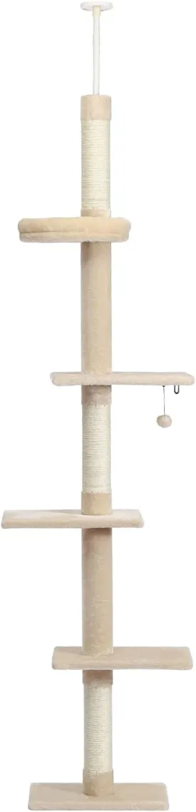 Cat Tower 5-Tier Floor to Ceiling Cat Tree Height(90-108 Inches) Adjustable, Tall Climbing Tree with Scratching Post for Indoor Cats/Kitten Beige