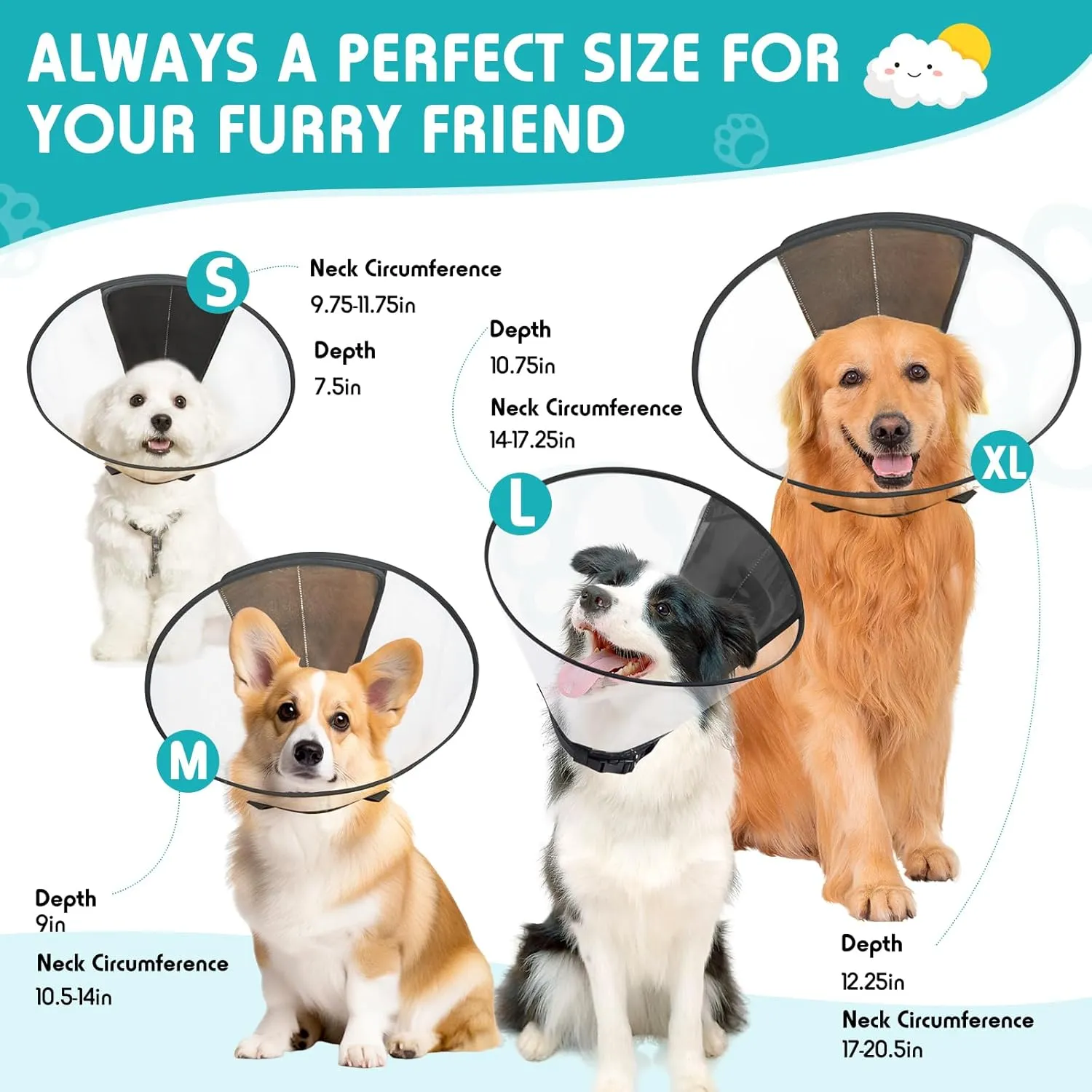 Dog Cone Collar, Transparent Recovery Cone for Large Medium Small Dogs, Soft Elizabethan Collar After Surgery to Prevent Licking Wound, Enhanced Visibility
