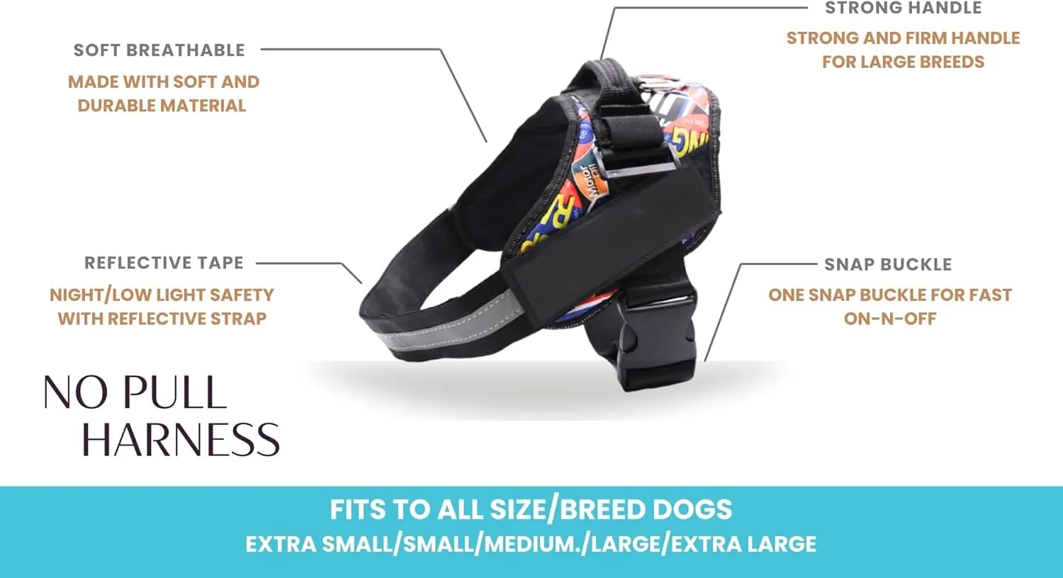 Dog Harness Medium Sizes, Dog Harness Medium Sized Dog, Dog Harness no-Pull, Adjustable Dog Harness, Soft Dog Harness, Lightweight Dog Harness, Dog Harness for Running (Graffiti Blue, Extra Large)