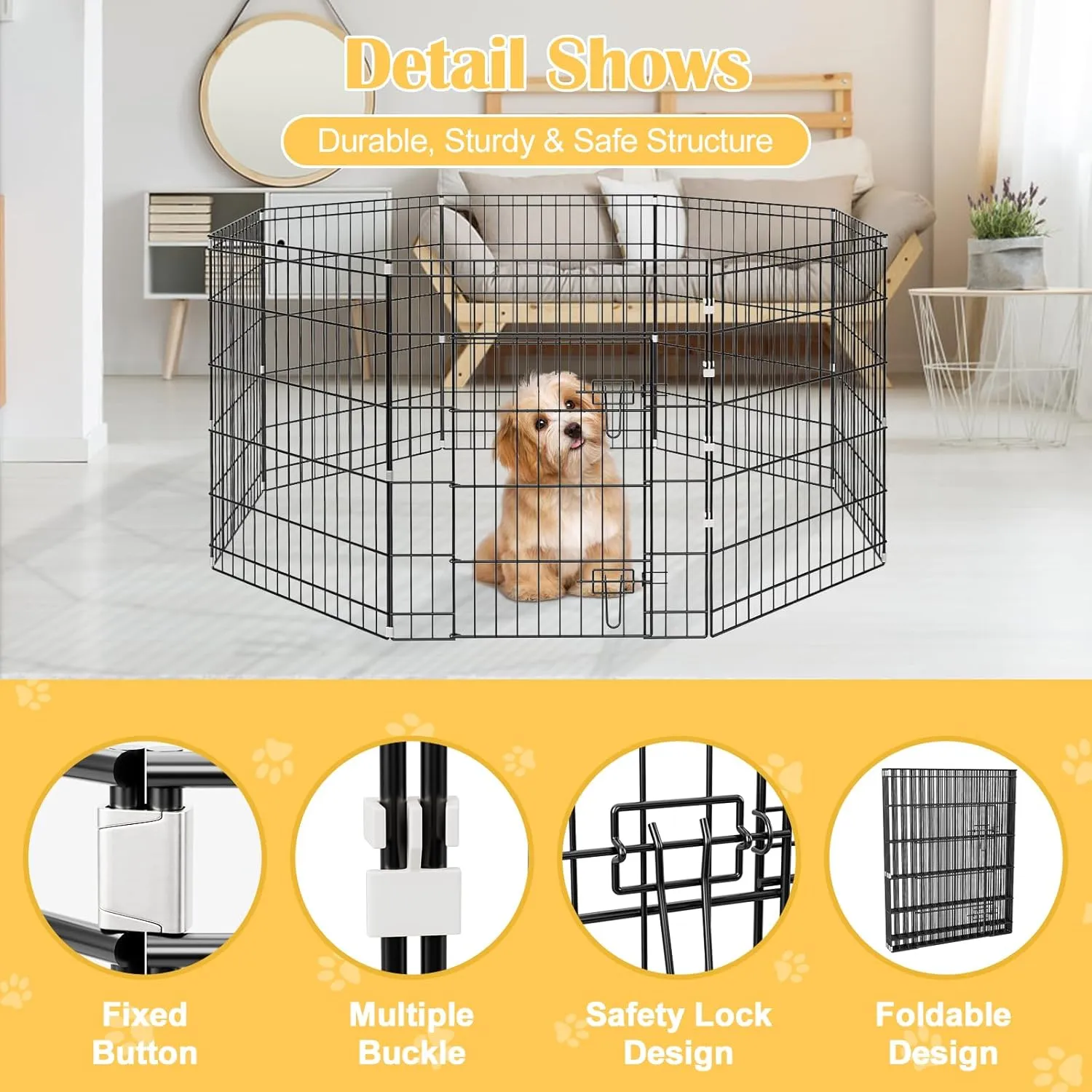 Dog Playpen, Foldable Metal Exercise Pen Puppy Playpen with 8 Panels 30 inch Indoor Outdoor Dog Fence Pen with Door for Small Medium Animals