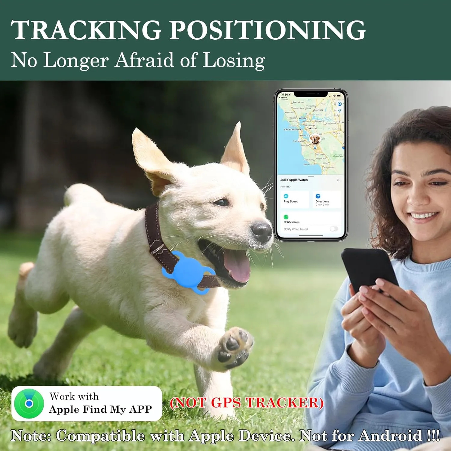 Dog Tracker with Collar Holder, Smart Pet Tracker, MFi Certificated Tracking Device, Waterproof Bluetooth, No Monthly Fee, Works with Find My, Not GPS Tracker (iOS Only) (Sky Blue, M)