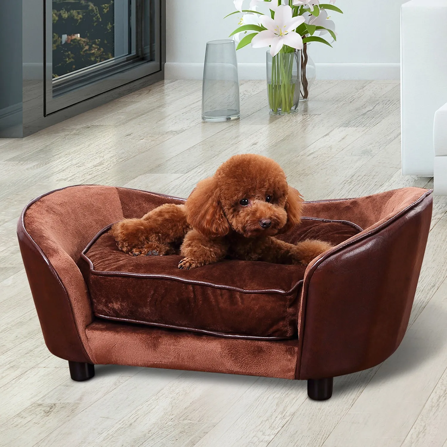 Dogs Wooden Flannelette Upholstered Indoor Sofa Bed w/ Cushion Brown