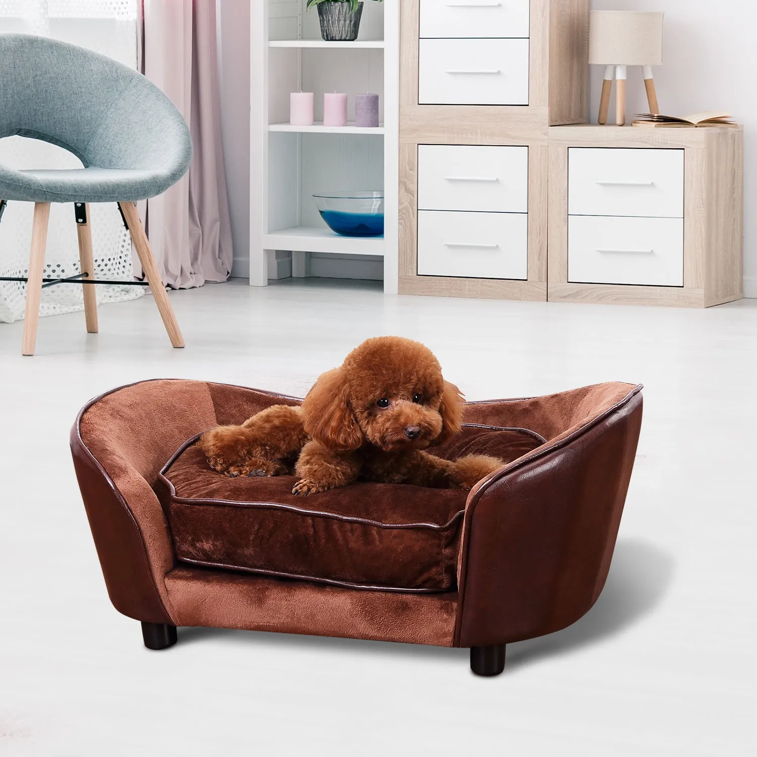 Dogs Wooden Flannelette Upholstered Indoor Sofa Bed w/ Cushion Brown