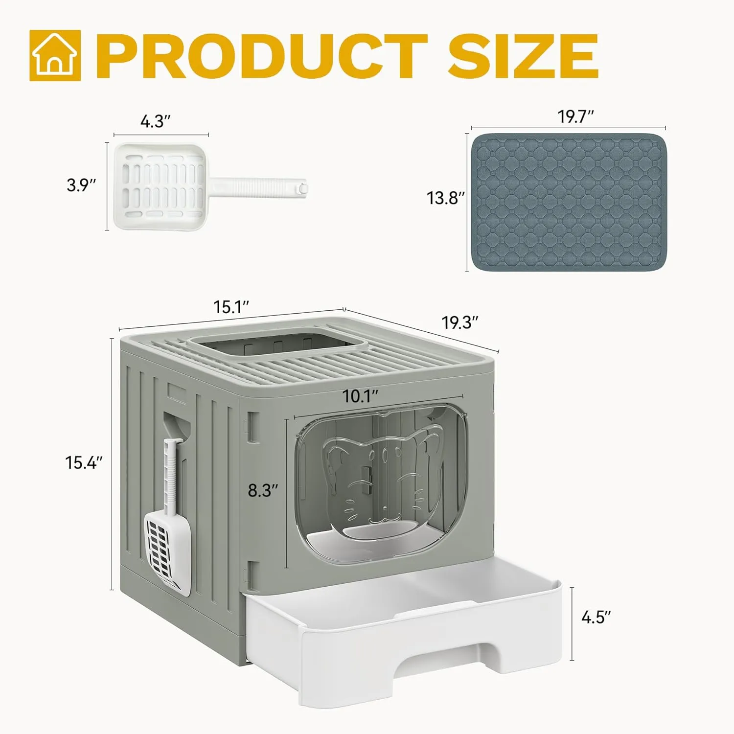 DWVO Enclosed Cat Litter Box with Two-Way Entry/Exit, Large Anti-Splash Hooded Litter Box with Mat and Litter Scoop, Easy Assemly and Cleaning - Gray