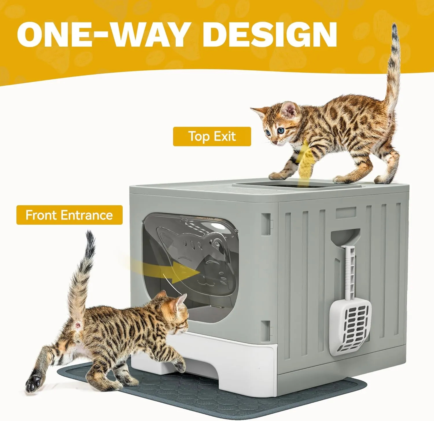 DWVO Enclosed Cat Litter Box with Two-Way Entry/Exit, Large Anti-Splash Hooded Litter Box with Mat and Litter Scoop, Easy Assemly and Cleaning - Gray