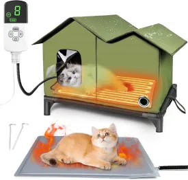 Feral Cat House Outdoor Insulated for Outside Winter Built-in Heating Pad 9-Speed Temp & 3 Timers, Outdoor Heated Cat House