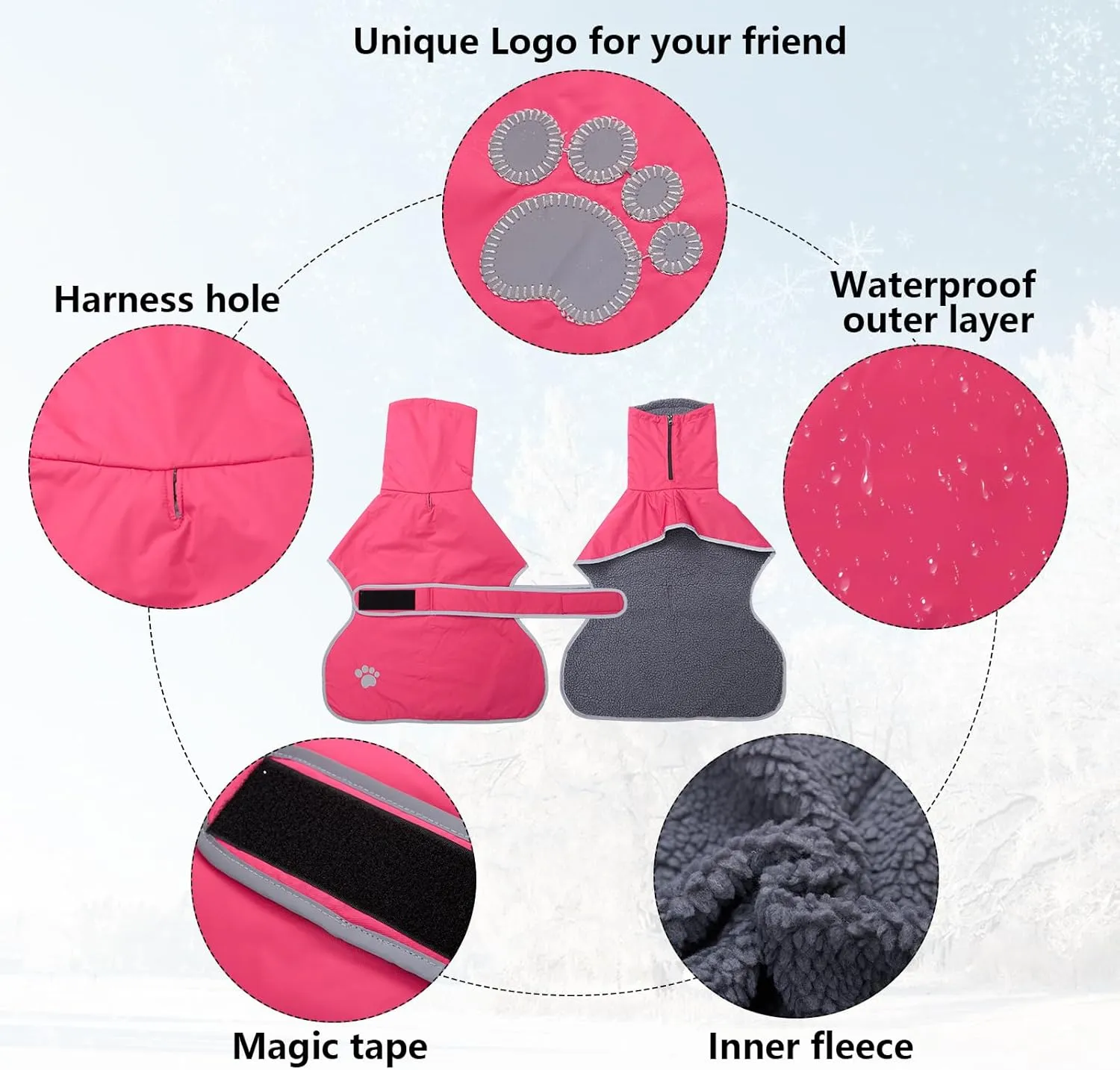 Geyecete Dog Winter Coat Geyecete Greyhound Raincoat Fabric with Lamb Velvet Inside Outdoor Dog Apparel with Adjustable Bands for Medium, Large Dog-Pink-S