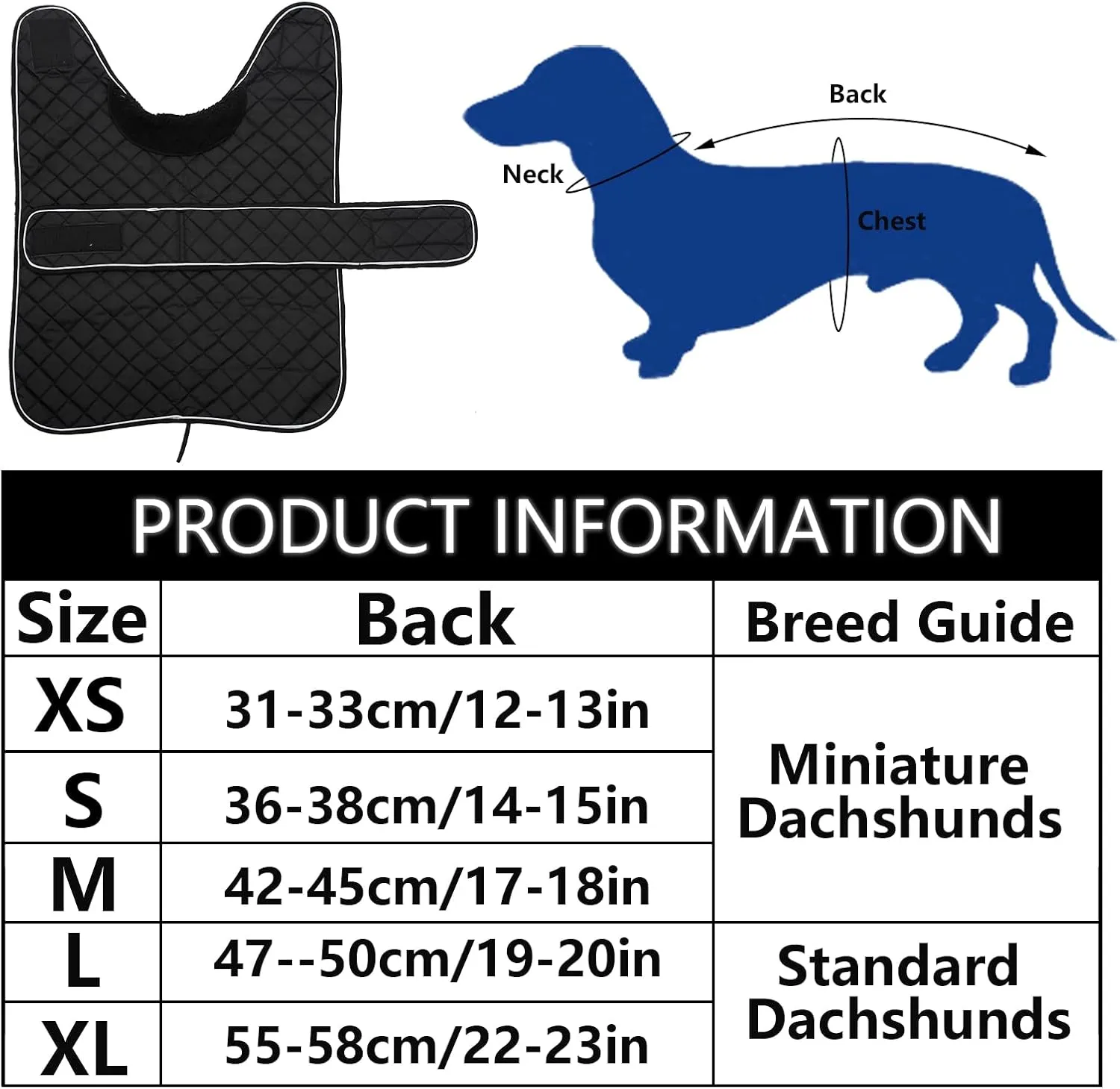 Geyecete Warm Thermal Quilted Dachshund Coat, Dog Winter Coat with Warm Fleece Lining, Outdoor Dog Apparel with Adjustable Bands for Medium, Large Dog-Black-S