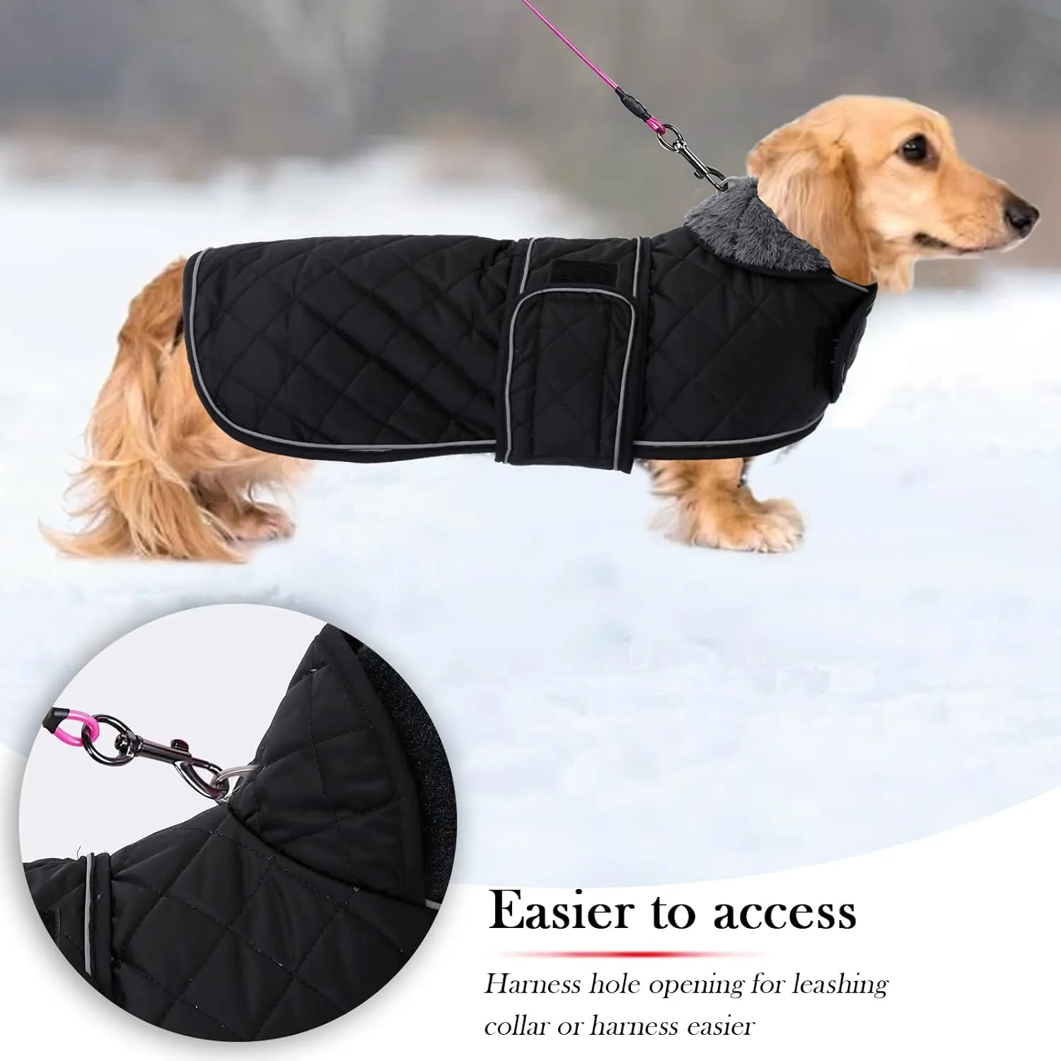 Geyecete Warm Thermal Quilted Dachshund Coat, Dog Winter Coat with Warm Fleece Lining, Outdoor Dog Apparel with Adjustable Bands for Medium, Large Dog-Black-S