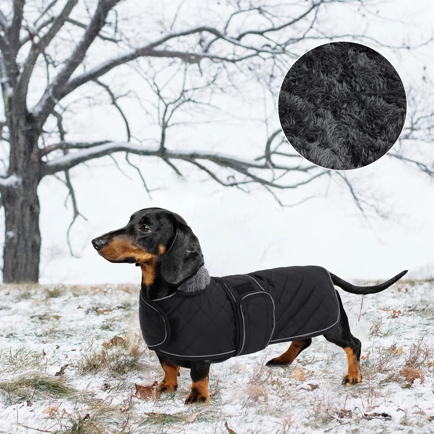 Geyecete Warm Thermal Quilted Dachshund Coat, Dog Winter Coat with Warm Fleece Lining, Outdoor Dog Apparel with Adjustable Bands for Medium, Large Dog-Black-S