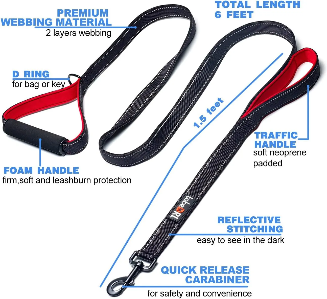 Heavy Duty Dog Leash - 2 Padded Handles, 6 feet Long - Dog Training Walking Leashes for Medium Large Dogs (Black)