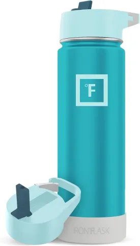IRON FLASK Camping & Hiking Hydration Flask with Straw Lid & Boot - Stainless Steel, Double Walled & Vacuum Insulated Water Bottle - Leak Proof & BPA Free (Azure Mist, Straw - 22 oz)