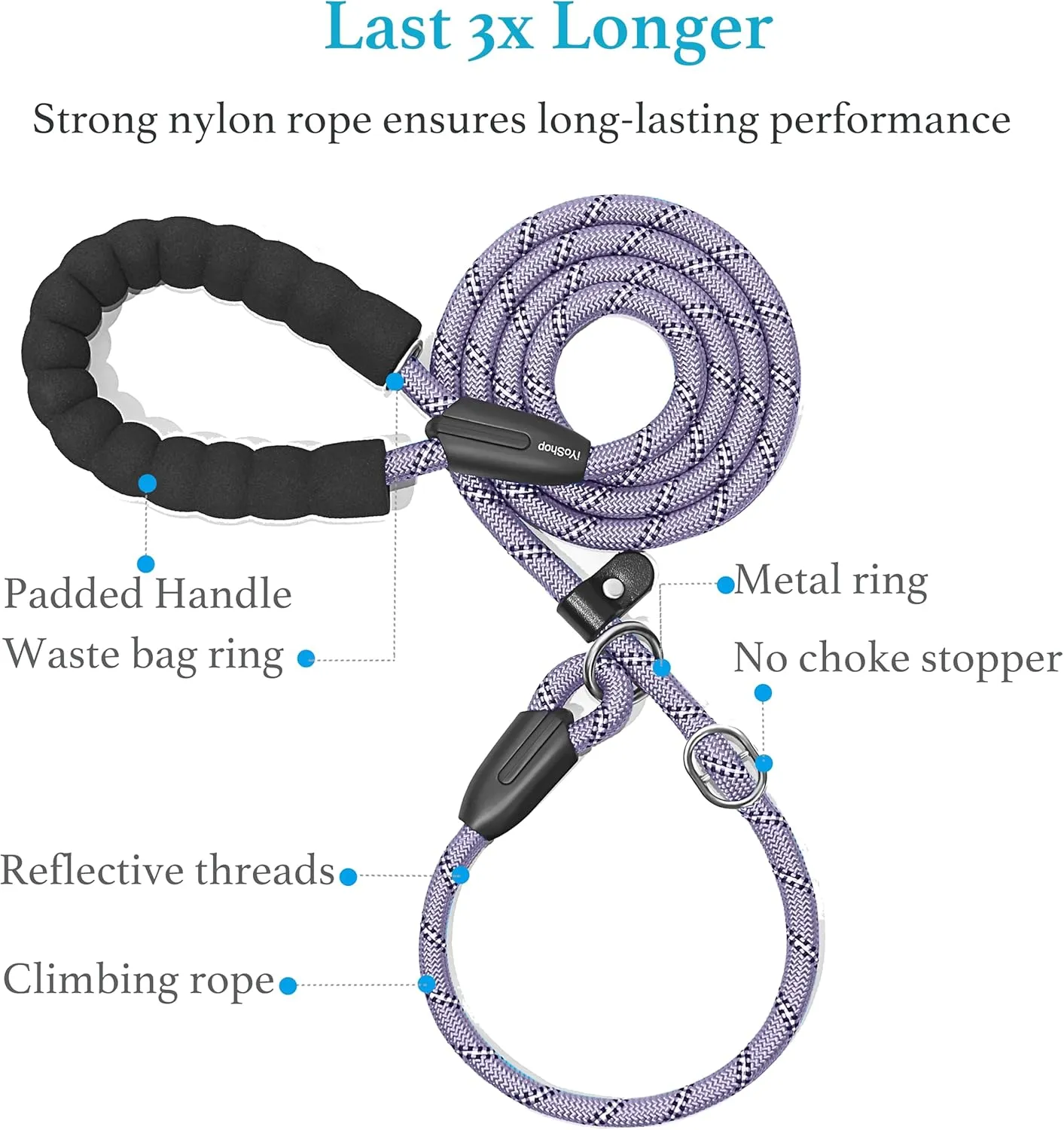 iYoShop Durable Slip Lead Dog Leash with Padded Handle and Highly Reflective Threads, No Pull Dog Training Leash, (1/2" x 6 FT, Lavender)