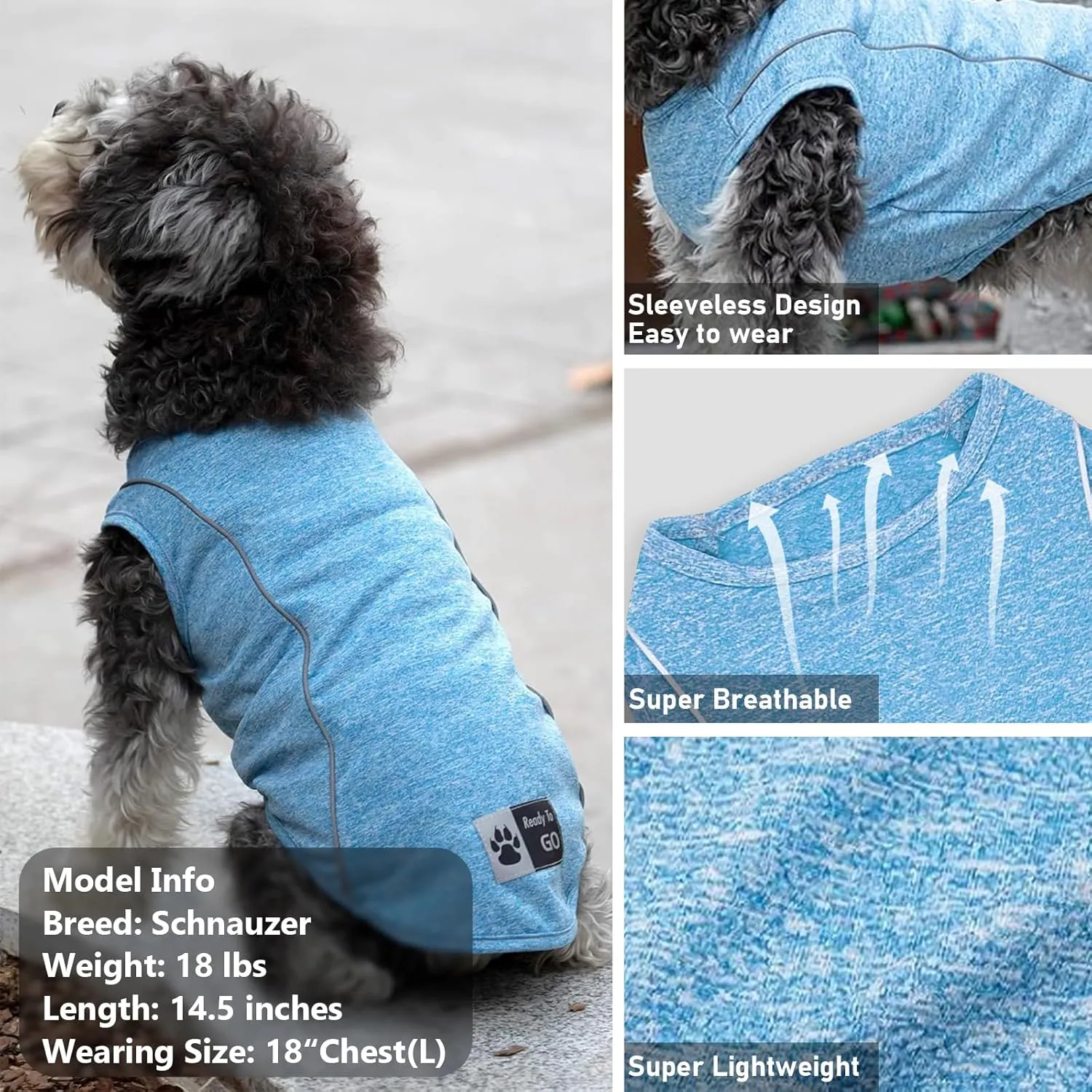 KYEESE 2Pack Dog Shirt for Small Dogs Sports Athletic Breathable Shirts with Reflective Stripe Athletic Tank Top Lightweight Dog Clothes,Grey Blue,L
