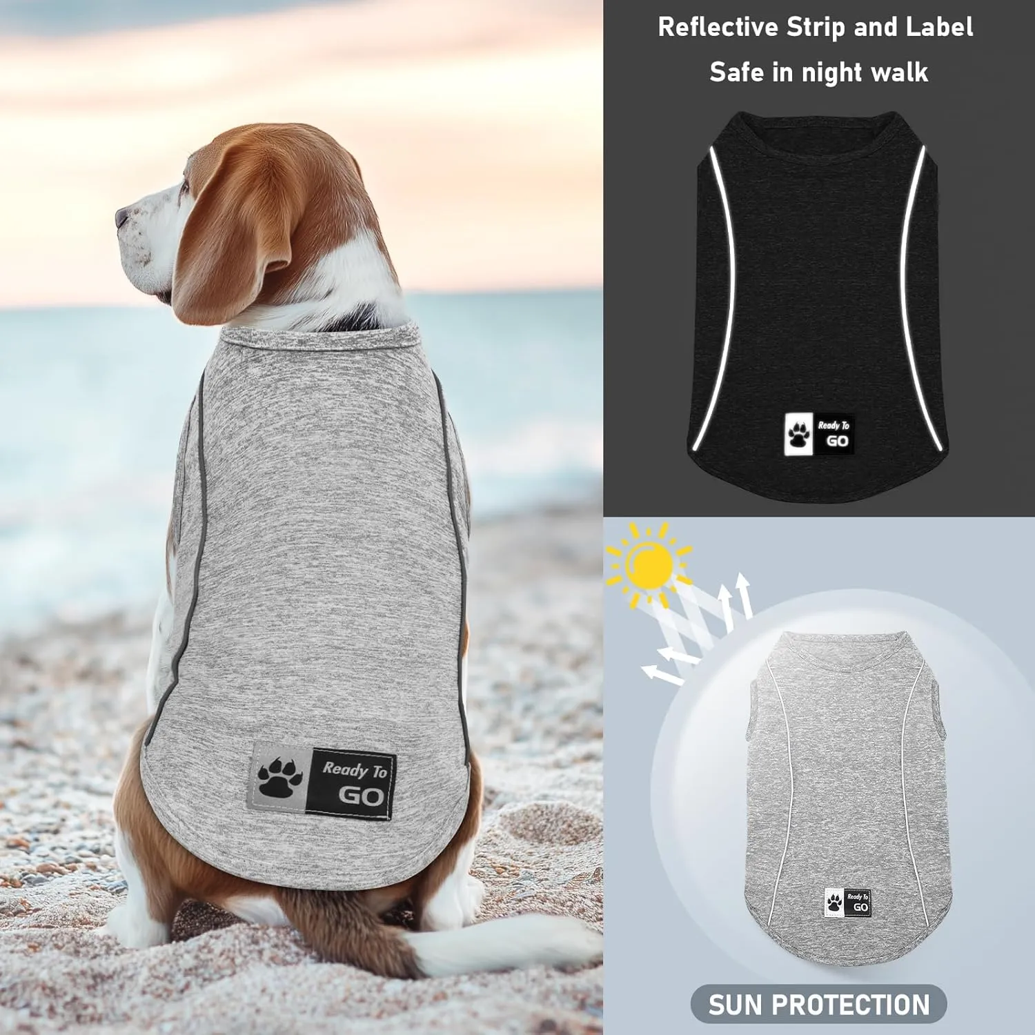 KYEESE 2Pack Dog Shirt for Small Dogs Sports Athletic Breathable Shirts with Reflective Stripe Athletic Tank Top Lightweight Dog Clothes,Grey Blue,L