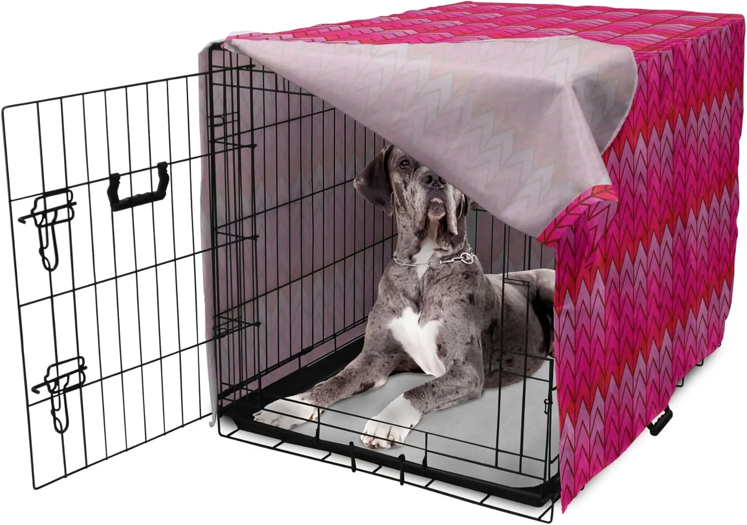 Lunarable Chevron Dog Crate Cover, Surreal Chevron Pattern Geometric Vibrant Colored Ornamental Illustration, Easy to Use Pet Kennel Cover for Medium Large Dogs, 48 Inch, Magenta Red Violet