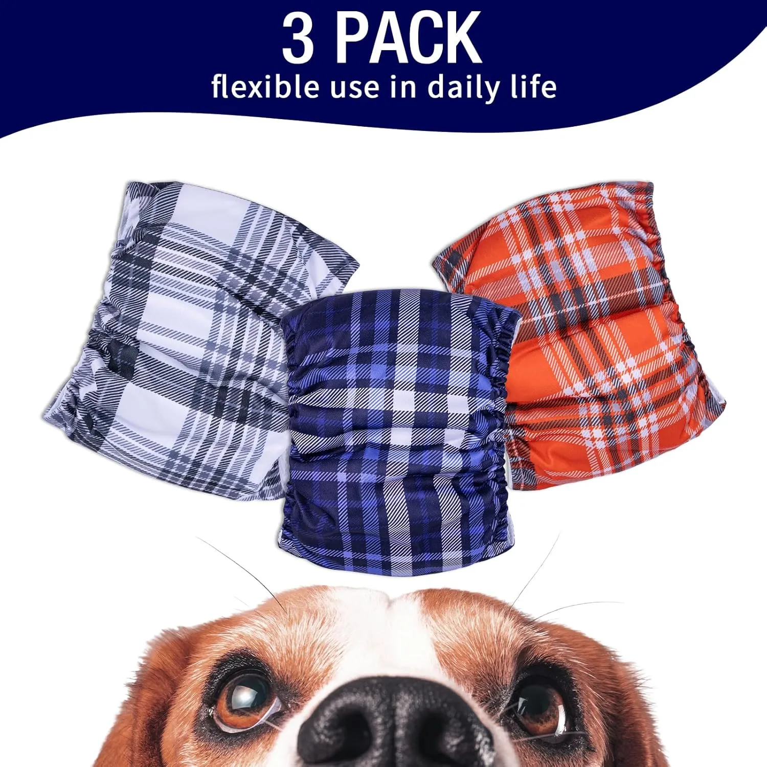 MICOOYO Washable Belly Bands for Male Dogs Reusable Doggie Diapers Absorbent Doggy Wraps with Adjustable Fastener - XSmall (Pack of 3, Plaid Red and Blue and Grey)