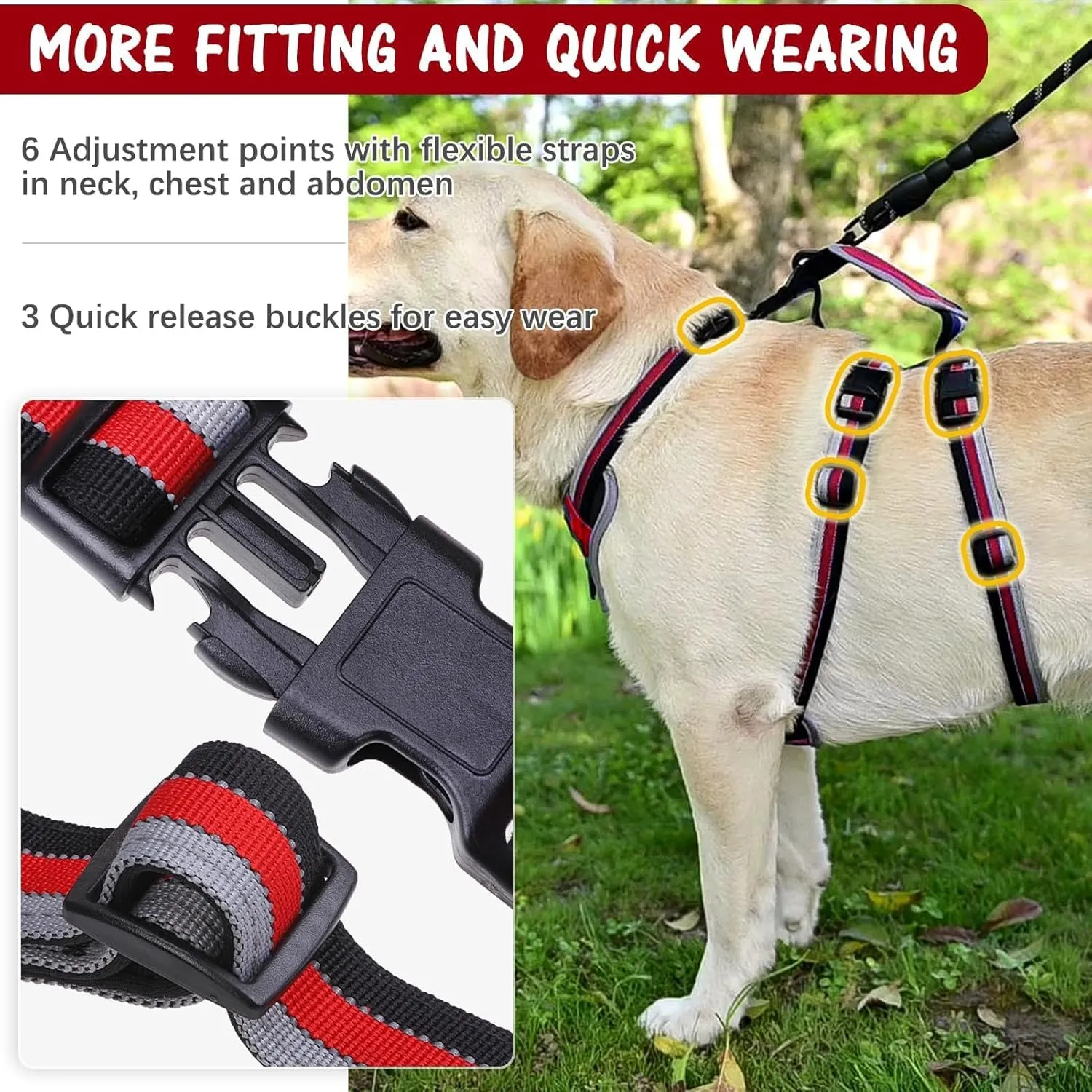 Mihachi Escape Proof Dog Harness - No Pull Dog Harness with Handle, Soft Padded Reflective and Adjustable Full Body Pet Harness Vest for Medium Large Dogs Walking Hiking Training, Red Large
