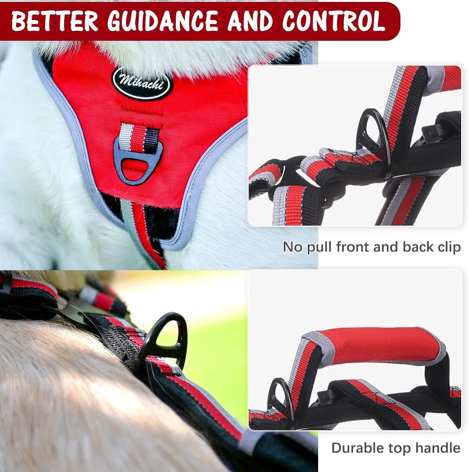 Mihachi Escape Proof Dog Harness - No Pull Dog Harness with Handle, Soft Padded Reflective and Adjustable Full Body Pet Harness Vest for Medium Large Dogs Walking Hiking Training, Red Large