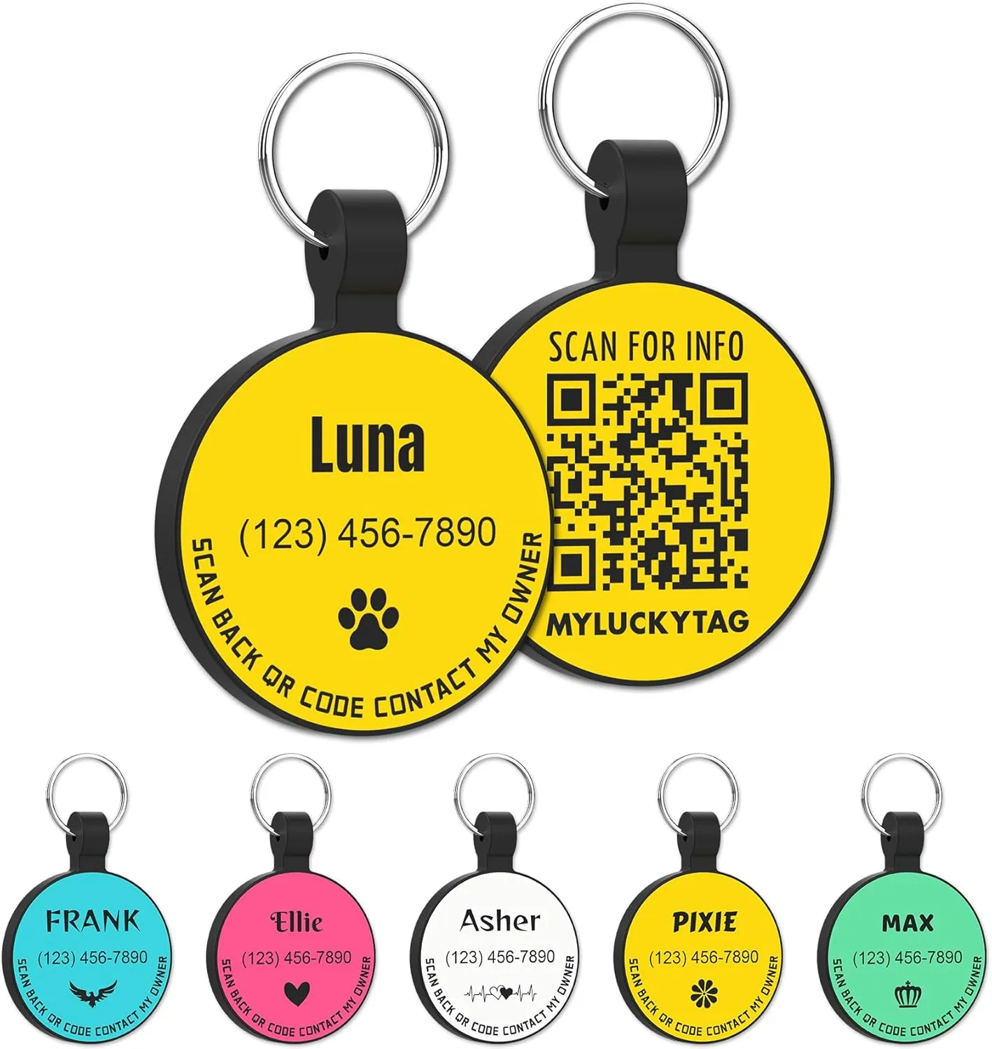MYLUCKYTAG Personalized Dog ID Tags - Silent Silicone QR Code Tags - Online Pet Profile - Send Pet Location Alert Email When Scanned