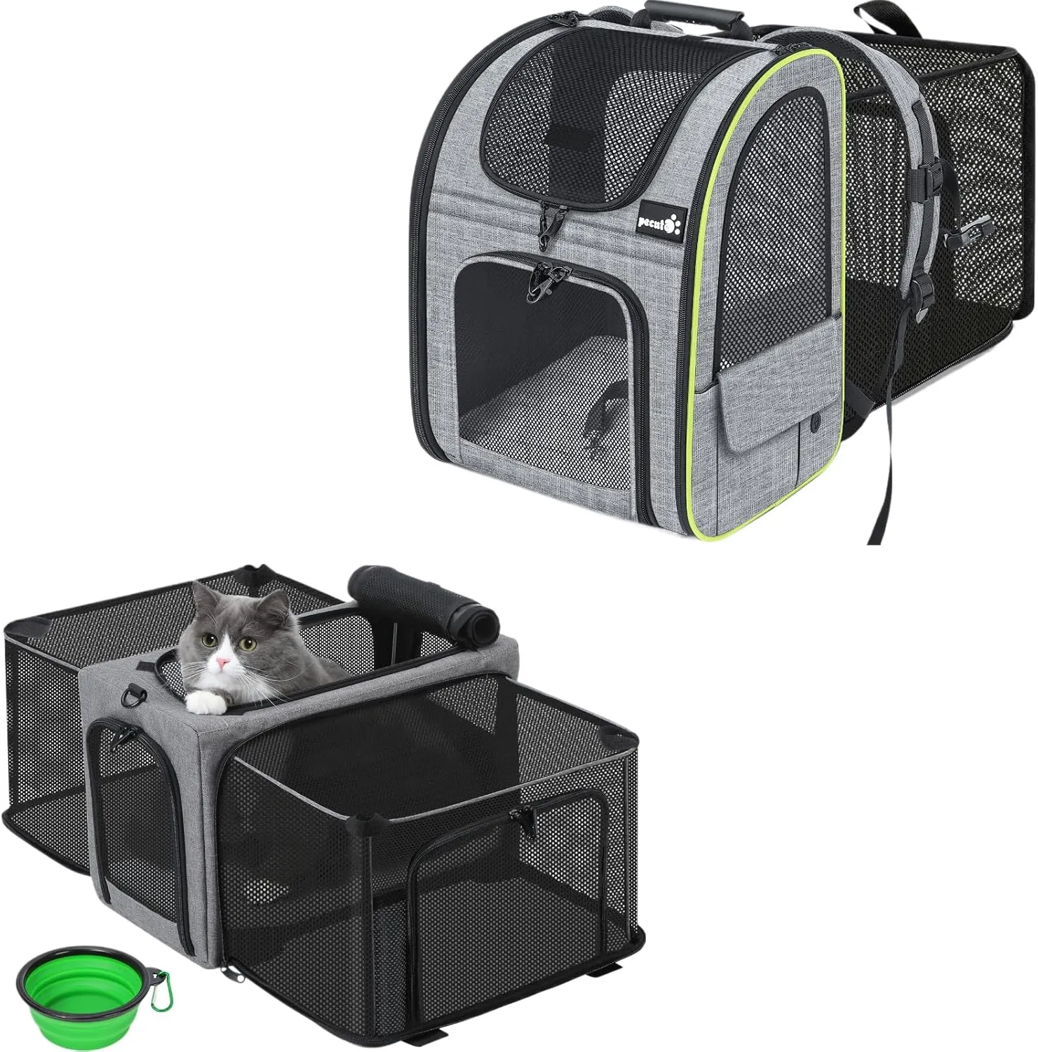 Pecute Cat Carrier Backpacks, Expandable Cat Backpack with Breathable Mesh, Airline Approved Cat Soft-Sided Carriers for Cats Up to 12lbs, Grey, Ideal for Travel and Overnight Stays