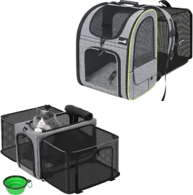 Pecute Cat Carrier Backpacks, Expandable Cat Backpack with Breathable Mesh, Airline Approved Cat Soft-Sided Carriers for Cats Up to 12lbs, Grey, Ideal for Travel and Overnight Stays