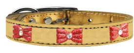 Red Glitter Bow Widget Genuine Metallic Leather Dog Collar Gold 26