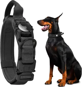 Tactical AirTag Dog Collar - Heavy Duty, Adjustable GPS Collar Compatible with Apple AirTag, with Holder & Control Handle for Medium/Large Dogs [ Black, XL ]