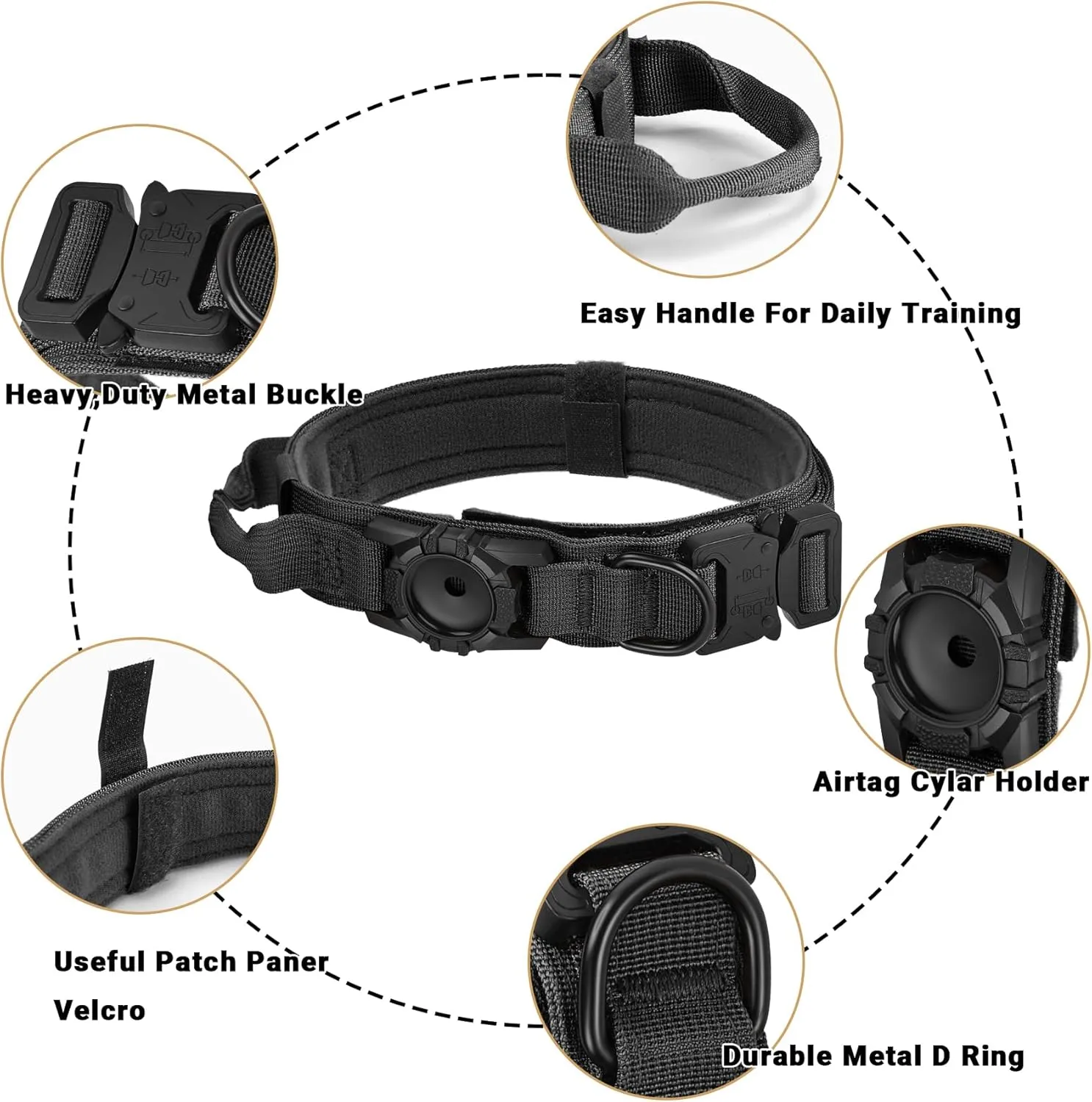 Tactical AirTag Dog Collar - Heavy Duty, Adjustable GPS Collar Compatible with Apple AirTag, with Holder & Control Handle for Medium/Large Dogs [ Black, XL ]
