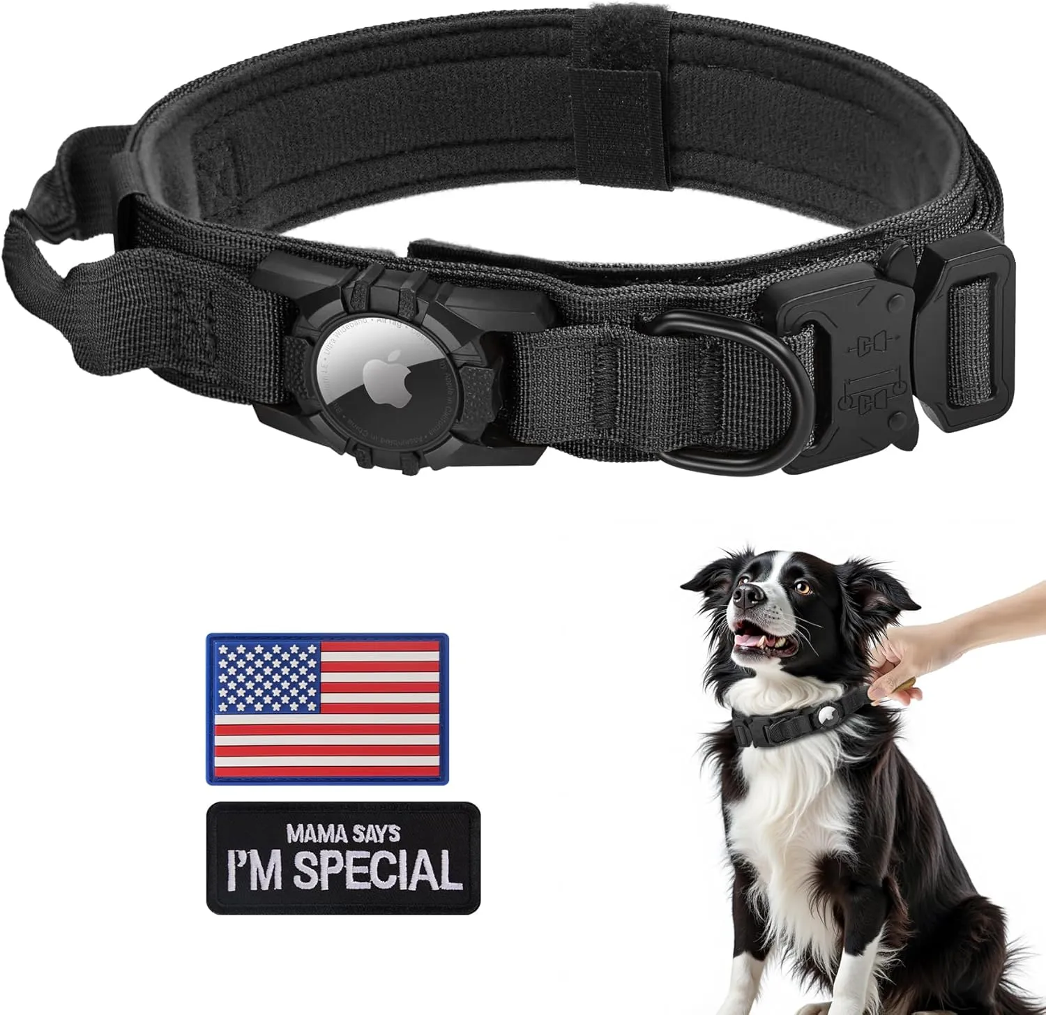 Tactical AirTag Dog Collar - Heavy Duty, Adjustable GPS Collar Compatible with Apple AirTag, with Holder & Control Handle for Medium/Large Dogs [ Black, XL ]