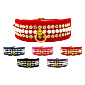 Velvet Mini Pearl & Crystal Dog Collar - Luxury Pet and Puppy Accessory