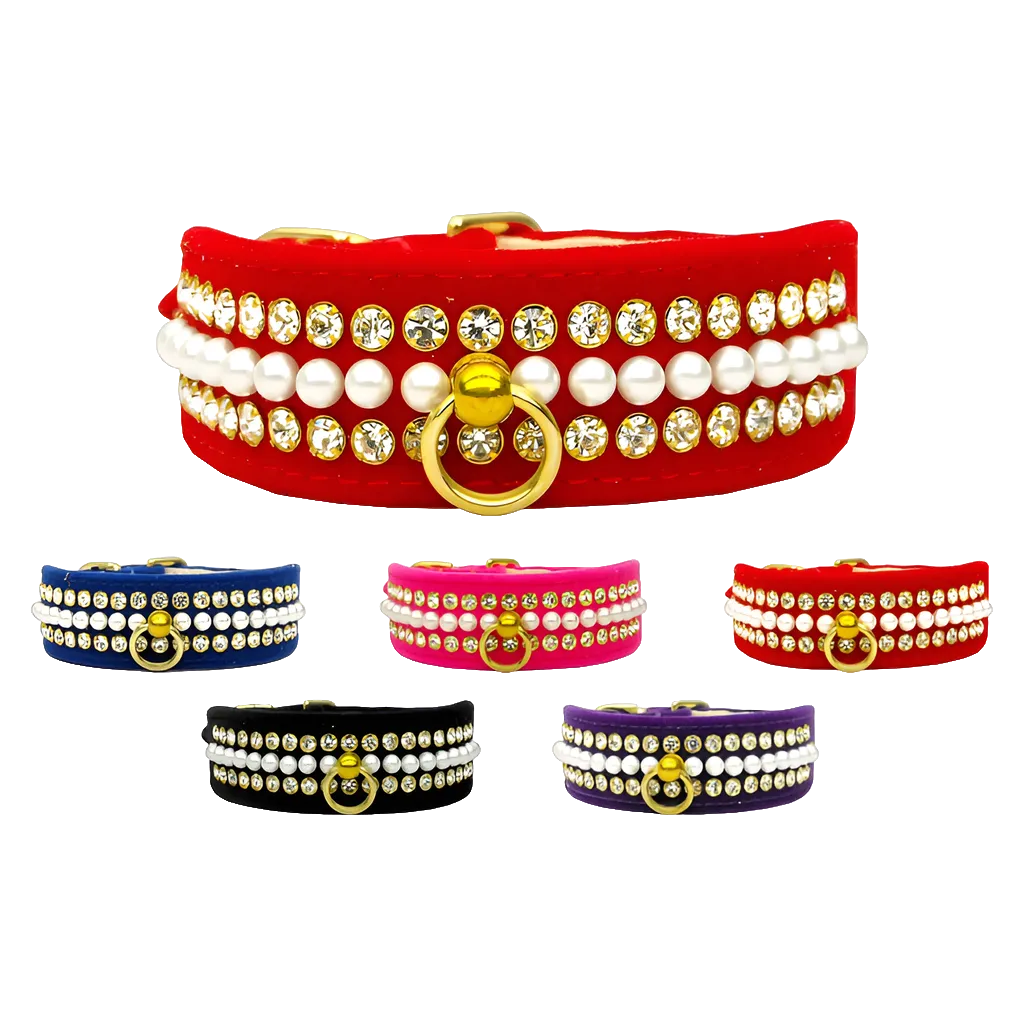 Velvet Mini Pearl & Crystal Dog Collar - Luxury Pet and Puppy Accessory