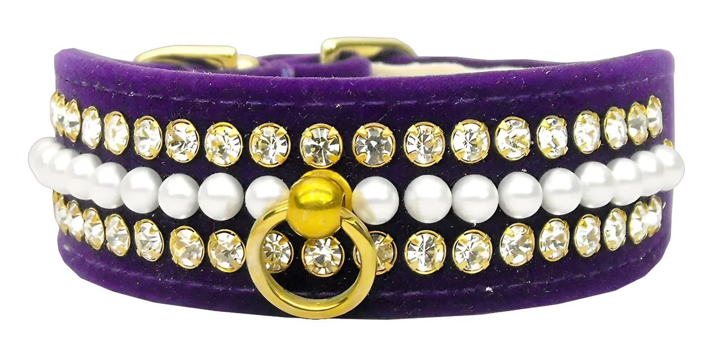 Velvet Mini Pearl & Crystal Dog Collar - Luxury Pet and Puppy Accessory