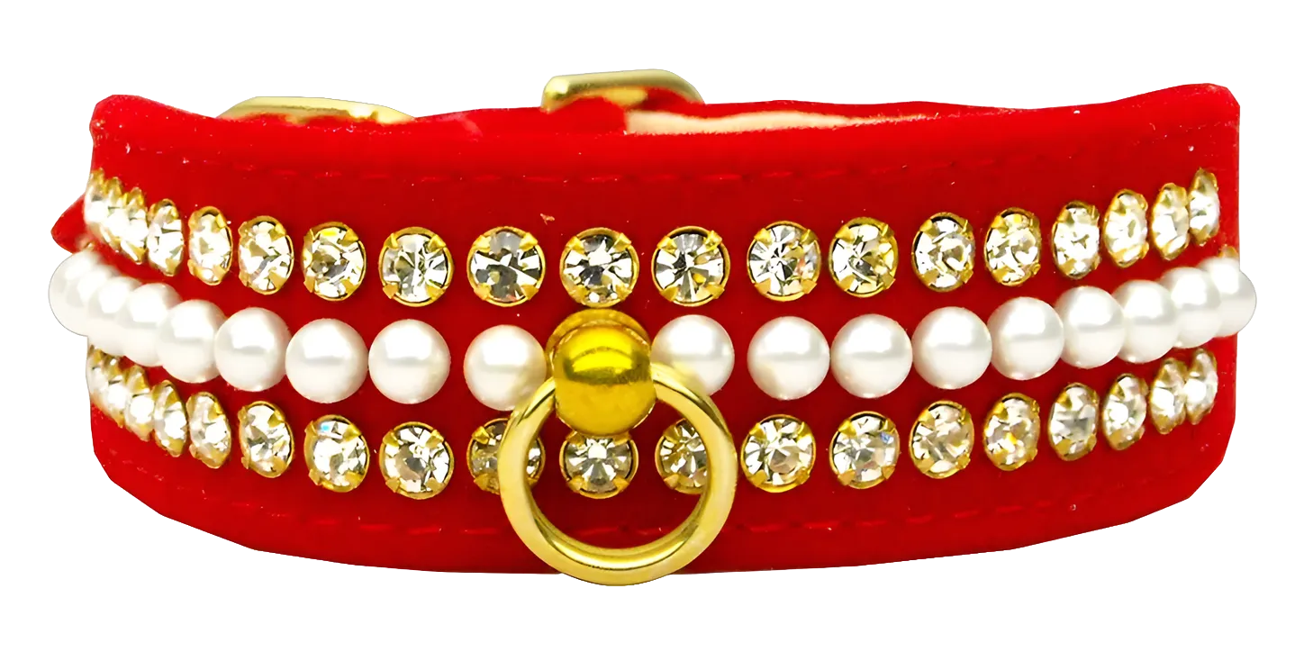 Velvet Mini Pearl & Crystal Dog Collar - Luxury Pet and Puppy Accessory