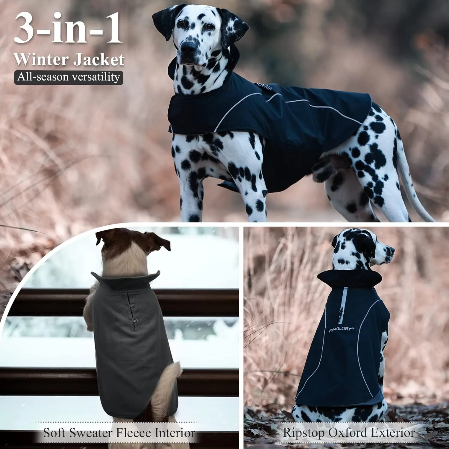VIVAGLORY 3-in-1 Dog Coats - Lined with Fleece, Reflective Water-Resistant Cold Weather Dog Coats, Wind Breaker, Warm Sweater with Leash Portal