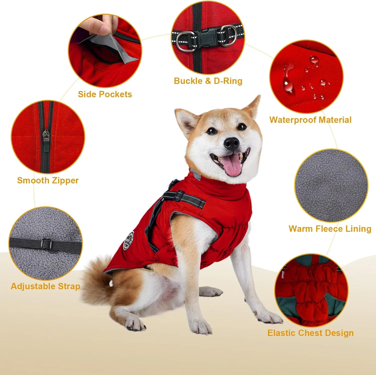 Warm Dog Coat: Winter Jacket With Built-in Harness - Fleece Coat With Reflective Stripes, Waterproof Vest for Cold Weather - Small Medium Large Dogs Red XL