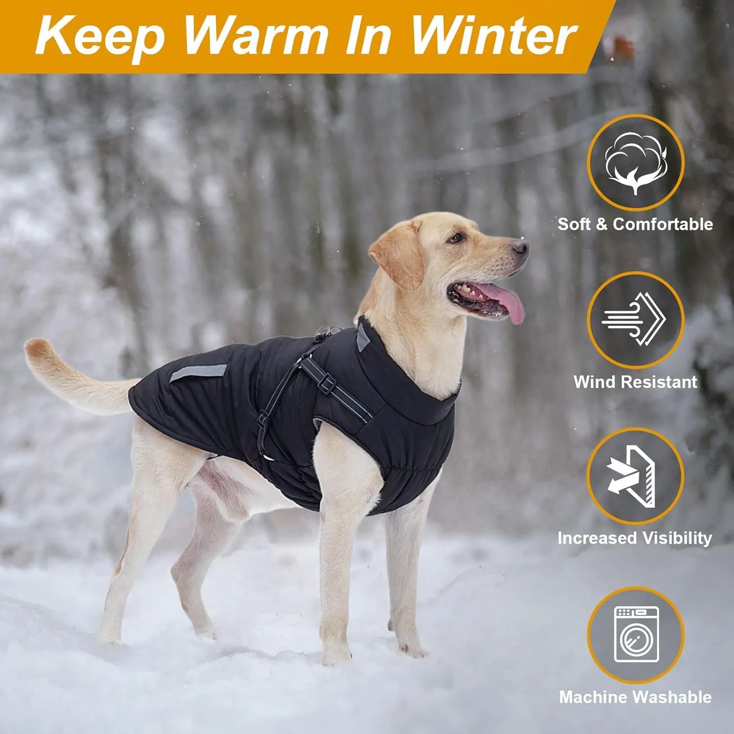 Warm Dog Jacket - Fleece Winter Coat with Built-in Harness, Reflective Stripes, Waterproof Vest for Small to Large Dogs - Navy XL