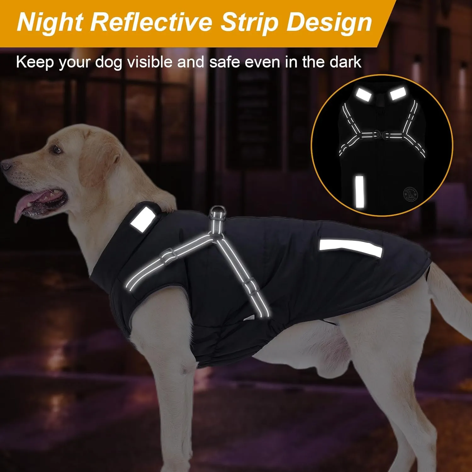 Warm Dog Jacket - Fleece Winter Coat with Built-in Harness, Reflective Stripes, Waterproof Vest for Small to Large Dogs - Navy XL