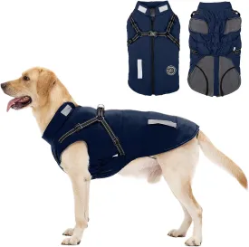 Warm Dog Jacket - Fleece Winter Coat with Built-in Harness, Reflective Stripes, Waterproof Vest for Small to Large Dogs - Navy XL