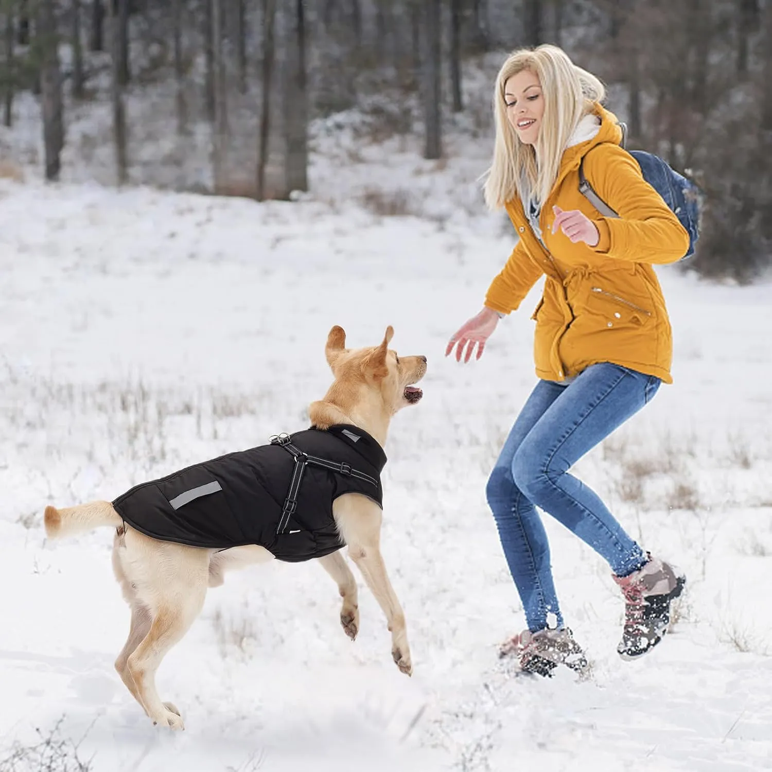Warm Dog Jacket - Fleece Winter Coat with Built-in Harness, Reflective Stripes, Waterproof Vest for Small to Large Dogs - Navy XL