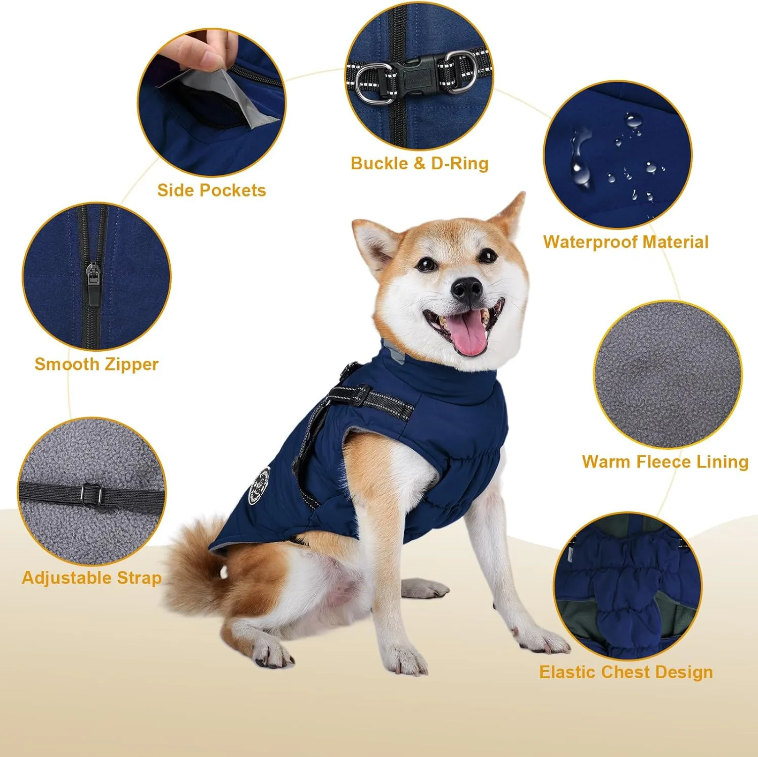 Warm Dog Jacket - Fleece Winter Coat with Built-in Harness, Reflective Stripes, Waterproof Vest for Small to Large Dogs - Navy XL